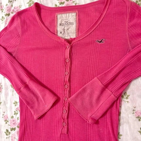 Hollister 2000s Pink Ribbed Quarter Sleeve Top - Picture 2 of 8